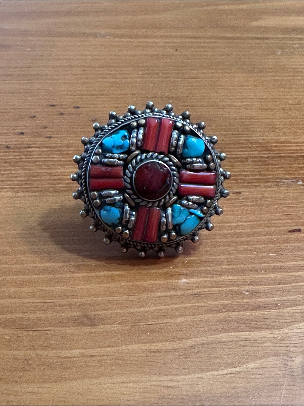 Vintage Tibetan Style Turquoise Coral Statement Ring Silver Tone Bohemian